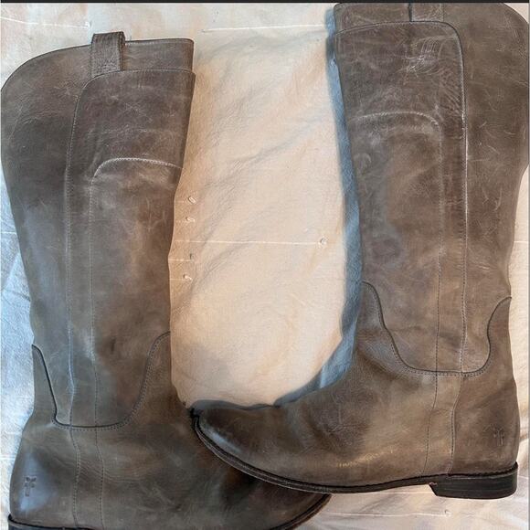 Frye Paige Tall Leather Riding Boots Gray Tan Sz 9.5B Distressed Boho Western - Picture 2 of 5